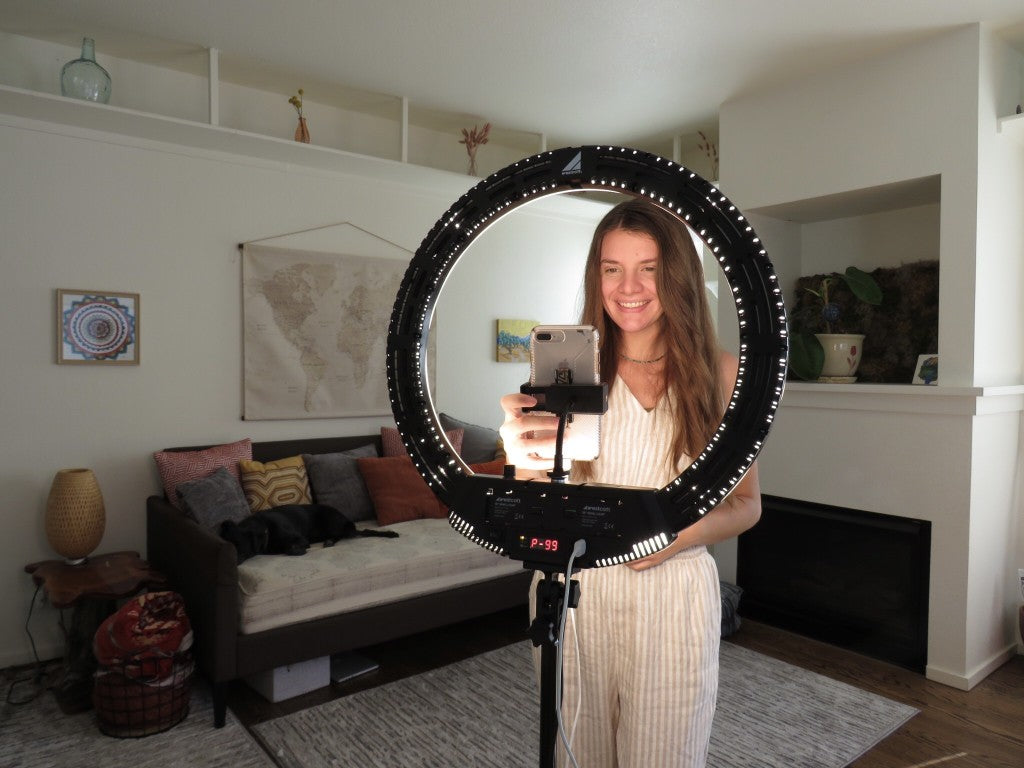 Professional selfie and video LED ring light w/dimmable settings and tripod stand