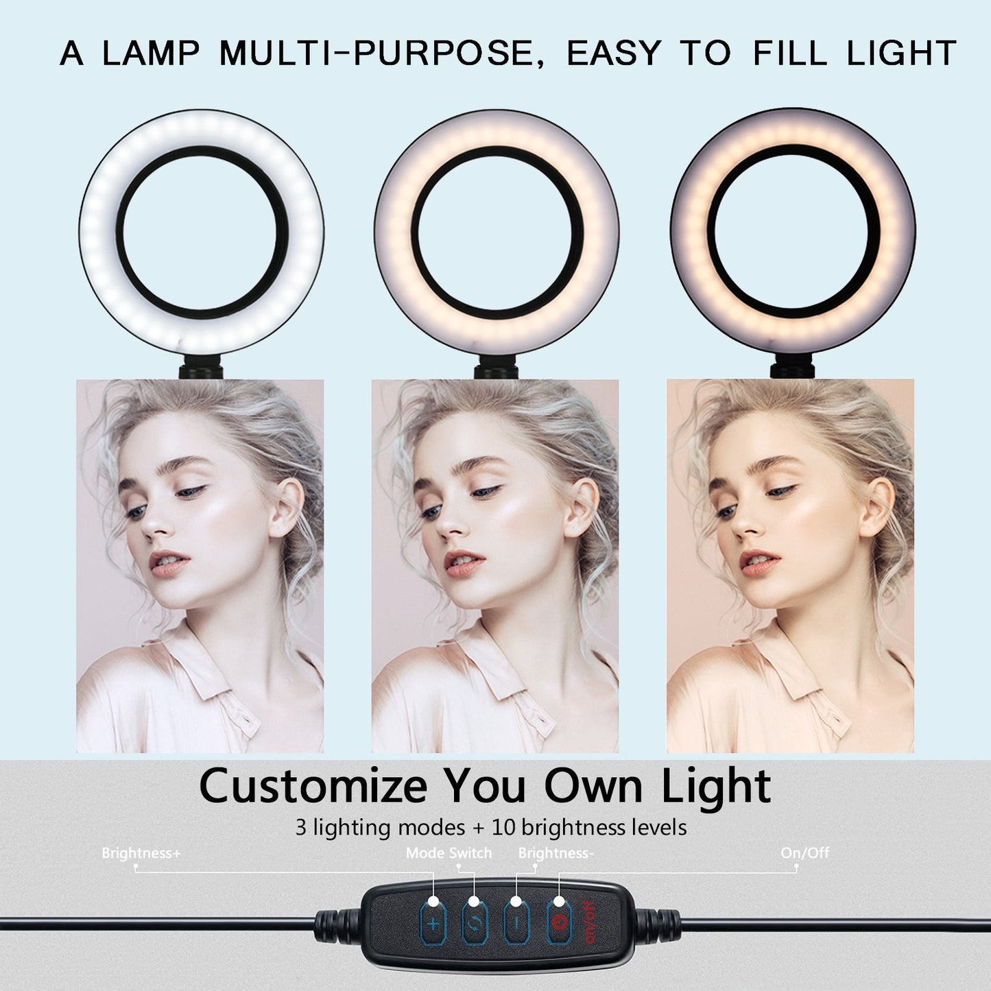 Professional selfie and video LED ring light w/dimmable settings and tripod stand