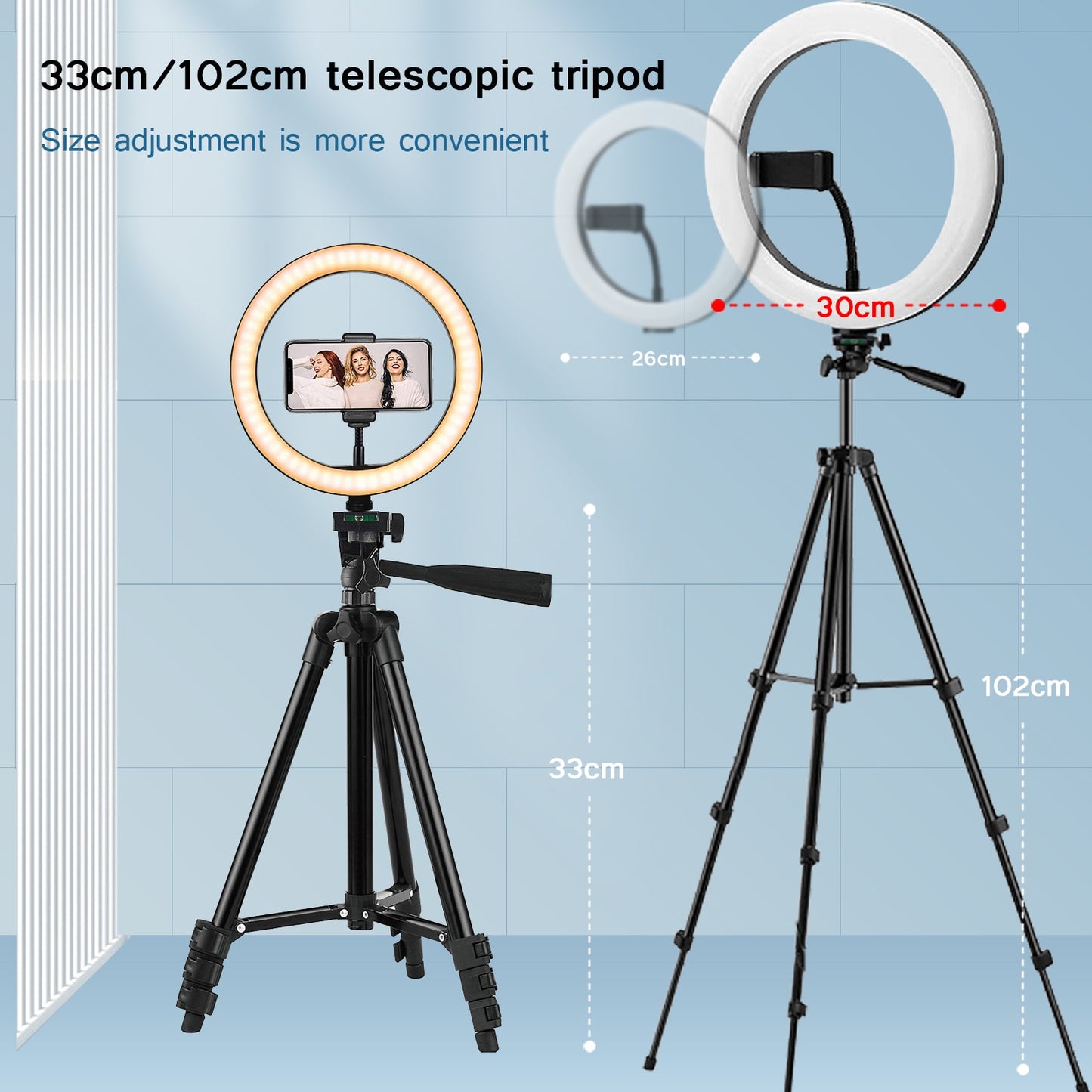 Professional selfie and video LED ring light w/dimmable settings and tripod stand